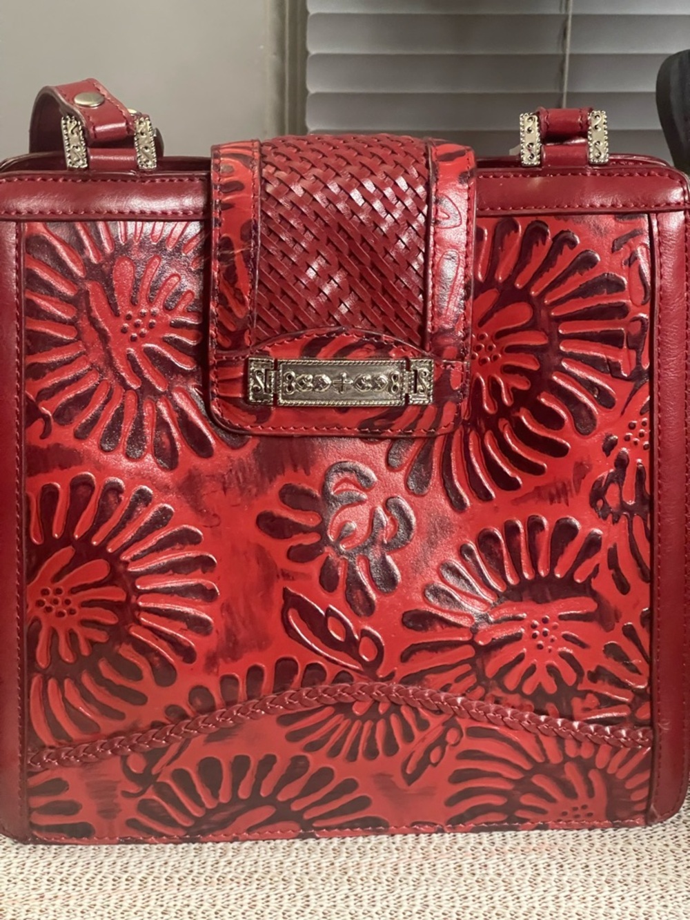 Vintage large Marc Chantel red leather tooled shoulder bag, looks unused